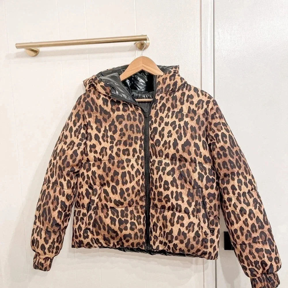 Alice + Olivia Durham black leopard print reversible puffer jacket size small - Picture 3 of 14